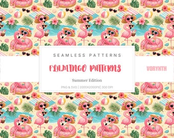 Flamingo Beach Seamless Pattern | Pink Tropical Digital Paper | Ocean Summer Kawaii Fabric Print
