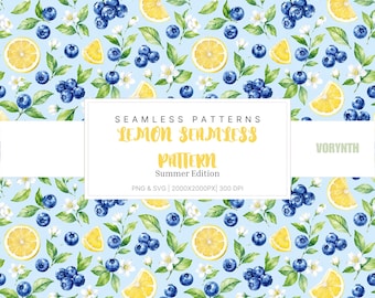 Blueberry & Lemon Patchwork Digital Paper | Summer Fruit Seamless Pattern | Wildflower Scrapbook Paper HQ