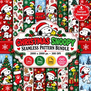 冬のスヌーピーシームレスパターンバンドル | ホリデーオーナメント | メリークリスマスツリー | ピーナッツデジタルペーパー