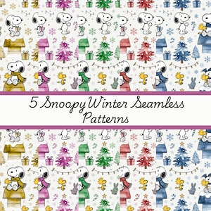 May include: A repeating pattern featuring Snoopy in winter scenes with Christmas trees, gifts, and snowflakes. The design includes Snoopy wearing a scarf and Charlie Brown's friend Woodstock. The text "5 Snoopy Winter Seamless Patterns" is displayed.