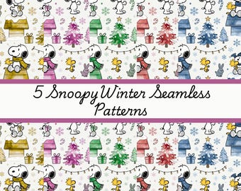 May include: A repeating pattern featuring Snoopy in winter scenes with Christmas trees, gifts, and snowflakes. The design includes Snoopy wearing a scarf and Charlie Brown's friend Woodstock. The text "5 Snoopy Winter Seamless Patterns" is displayed.