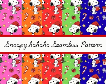 May include: A seamless pattern featuring Snoopy in a Santa hat, holding a mug, with Christmas trees, candy canes, and gifts on pink, orange, red, green, and blue backgrounds. The text "Snoopy hohoho Seamless Pattern" is displayed.