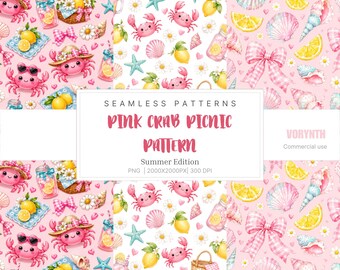 Pink Crab Picnic Pattern | Coastal Summer Background | Girly Lemon Beach Print | PNG JPG Download