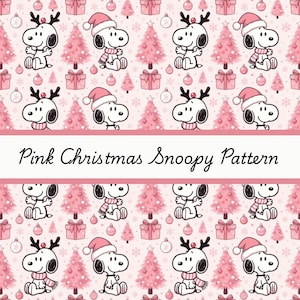 May include: A pink Christmas pattern with Snoopy characters in festive attire, such as Santa hats and reindeer antlers. The design incorporates pink Christmas trees, gift boxes, and snowflakes. The text "Pink Christmas Snoopy Pattern" is displayed across the image.
