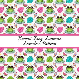 Può includere: Motivo senza cuciture con rane dei cartoni animati con occhiali da sole, fette di anguria, coni gelato e foglie tropicali. Il testo "Kawaii Frog Summer Seamless Pattern" è su uno striscione rosa.