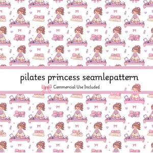 May include: A seamless pattern featuring cartoon illustrations of a girl on a Pilates reformer machine, bows, and bottles. The design is in shades of pink, purple, and white, with the text "pilates princess seamlepattern" and "Commercial Use Included".
