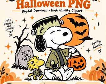 Snoopy Halloween | Frankenstein Trick or Treat | Woodstock Pumpkin Patch | Spooky Peanuts PNG Design