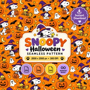 Snoopy Halloween Naadloos Patroon PNG | Woodstock & Pompoenen | Levendige Oranje Achtergrond | Digitale Download