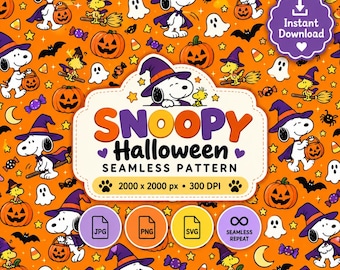 Snoopy Halloween Seamless Pattern PNG | Woodstock & Pumpkins | Vivid Orange Background | Digital Download