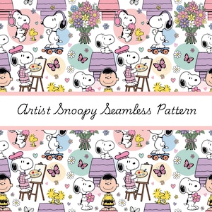Op de afbeelding: Naadloos patroon met Snoopy in verschillende activiteiten, waaronder schilderen en ijs eten. Het ontwerp bevat vlinders, harten en de tekst "Artist Snoopy Seamless Pattern" op een witte achtergrond.