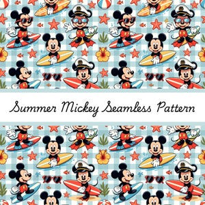May include: A seamless pattern featuring Mickey Mouse in various poses with surfboards, sunglasses, and captain hats. The design includes starfish, hibiscus flowers, and beach balls on a blue and white checkered background. Text reads "Summer Mickey Seamless Pattern".