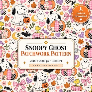 Motif patchwork sans couture Snoopy fantôme | Papier numérique pour tissu citrouille Peanuts