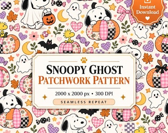Snoopy Ghost Patchwork Seamless Pattern | Peanuts Pumpkin Fabric Digital Paper