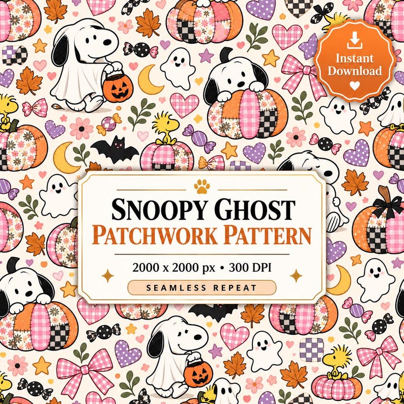 Snoopy Ghost Patchwork Seamless Pattern | Peanuts Pumpkin Fabric Digital Paper
