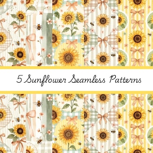 Puede incluir: Cinco patrones sin costuras con girasoles, abejas y lazos. Los diseños incluyen girasoles con pétalos amarillos y centros marrones, sobre fondos de rayas, cuadros y elementos florales. Se muestra el texto "5 Sunflower Seamless Patterns".