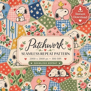 Snoopy Woodstock Patchwork Quilt Pattern | Cottagecore Floral Fabric Print (Digital Download)