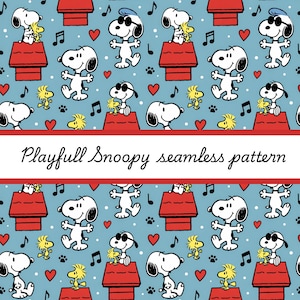 Puede incluir: Un patrón sin costuras con Snoopy, Woodstock, casetas rojas para perros, notas musicales y corazones sobre un fondo azul claro. Snoopy se representa en varias poses, algunos con gafas de sol o una gorra azul. Se muestra el texto "Playfull Snoopy seamless pattern".