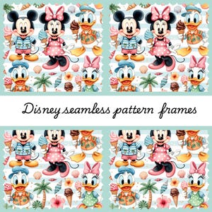 Puede incluir: Patrón sin costuras con Mickey Mouse, Minnie Mouse, Donald y Daisy, con helados y elementos tropicales. El fondo incluye conchas, palmeras y un patrón de rayas azul claro y blanco. Texto: "Disney seamless pattern frames".