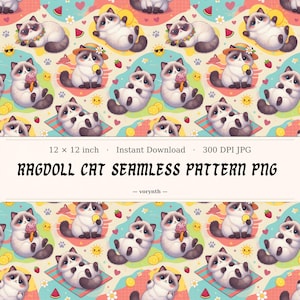 May include: A repeating pattern featuring cartoon ragdoll cats in various poses, some wearing hats and sunglasses, holding ice cream, and relaxing on beach towels. The pattern includes strawberries, watermelon, and suns. The text "RAGDOLL CAT SEAMLESS PATTERN PNG" is displayed.