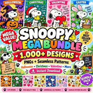 Op de afbeelding: Een digitale Snoopy Mega Bundle-collectie met meer dan 1.000 PNG-ontwerpen en naadloze patronen. De afbeelding toont Snoopy in verschillende vakantiethema's, waaronder Halloween, Kerstmis, Valentijnsdag en Pasen, met tekstlabels en iconen.