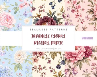 Japanese Floral Digital Paper | Kimono Pattern | Seamless Botanical Design | Traditional Flower PNG Files