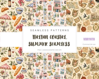 3 Italian Coastal Summer Seamless Pattern | Majolica Fabric | Mediterranean Wallpaper |  PNG | Digital Download