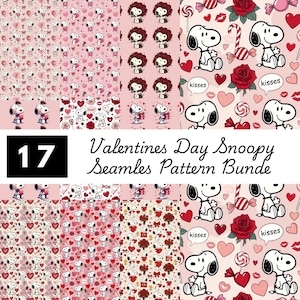 May include: A set of 17 Valentine's Day seamless patterns. The designs feature Snoopy, hearts, roses, and sweets on a pink backdrop. Ideal for crafting, the patterns showcase Snoopy in various poses, suitable for fabric or paper projects.
