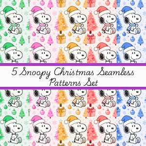 Peut inclure: Ensemble de cinq motifs sans couture sur le thème de Noël, mettant en scène Snoopy dans diverses tenues festives. Chaque motif comprend Snoopy avec un bonnet et une écharpe de Père Noël, des sapins et des boîtes cadeaux. Le texte "5 Snoopy Christmas Seamless Patterns Set" est affiché.
