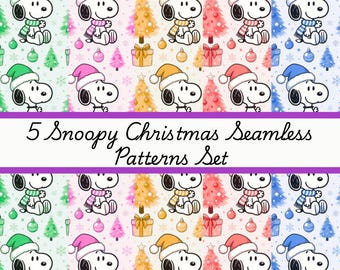 May include: A set of five Christmas-themed seamless patterns featuring Snoopy in various festive outfits. Each pattern includes Snoopy with a Santa hat and scarf, Christmas trees, and gift boxes. The text "5 Snoopy Christmas Seamless Patterns Set" is displayed.