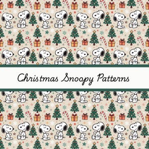 May include: A repeating pattern featuring Snoopy, Christmas trees, gifts, candy canes, and stars on a beige background. The text "Christmas Snoopy Patterns" is displayed in a banner across the image.
