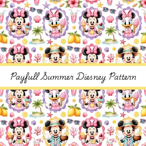 May include: A repeating pattern featuring Minnie Mouse, Daisy Duck, and Mickey Mouse in summer attire, holding ice cream cones and tropical drinks. The design includes lemons, sunglasses, and seashells, with the text "Payfull Summer Diesney Pattern".