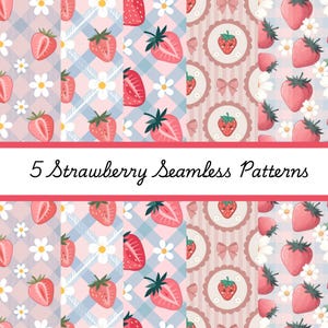 Puede incluir: Cinco patrones sin costuras con fresas, margaritas y lazos. Los patrones incluyen cuadros rosas y azules, rayas rosas y motivos de fresas. El texto "5 Strawberry Seamless Patterns" se muestra en la imagen.