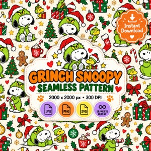 Peut inclure: Un motif répétitif représentant des personnages de dessin animé vêtus de fourrure verte et de bonnets de Noël rouges, avec des sapins, des cadeaux, des sucres d'orge et des ornements. Le texte indique GRINCH SNOOPY SEAMLESS PATTERN.