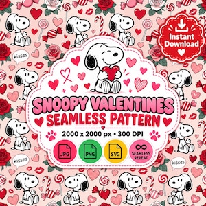 Snoopy Valentine Seamless Pattern PNG | Peanuts Valentine's Day | Pink Hearts Digital Paper | Sublimation Design