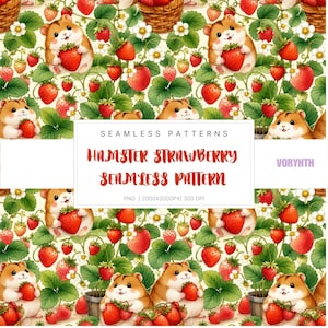 Puede incluir: Un patrón continuo con hámsteres de dibujos animados sosteniendo fresas rojas, rodeados de hojas verdes y flores blancas. El texto central dice: SEAMLESS PATTERNS, HAMSTER STRAWBERRY SEAMLESS PATTERN, PNG | 2000X2000PX | 300 DPI, VORYNTH.
