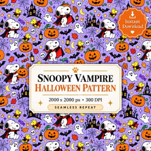 Motif sans couture Snoopy vampire d'Halloween (PNG) | Snoopy et Woodstock effrayants | Téléchargement numérique citrouille
