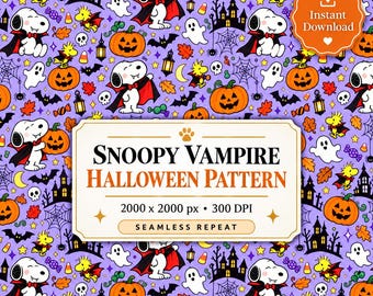 Snoopy Halloween Vampire Seamless Pattern PNG | Spooky Snoopy and Woodstock | Pumpkin Digital Download