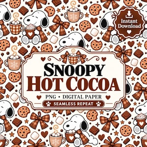 Op de afbeelding: Een naadloos digitaal patroon met Snoopy, bruine geruite strikken, chocoladeblokjes, marshmallows en mokken warme chocolademelk met sneeuwvlokken. Het centrale label bevat de tekst SNOOPY HOT COCOA PNG DIGITAL PAPER SEAMLESS REPEAT.