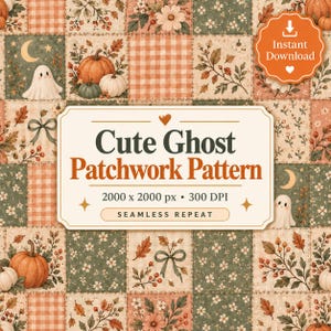 Ghost Patchwork Pattern | Halloween Fabric | Pink Gingham Pumpkins | Floral Quilt Digital Paper