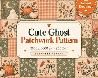 Ghost Patchwork Pattern | Halloween Fabric | Pink Gingham Pumpkins | Floral Quilt Digital Paper