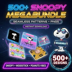 May include: A promotional graphic for a Snoopy MegaBundle featuring the text "500+ Snoopy MegaBundle" in neon colors. The image includes various Snoopy-themed designs, including seamless patterns and PNGs, with the text "Instant Download". The image also includes the text "Snoopy + Woodstock + Peanuts Vibes".