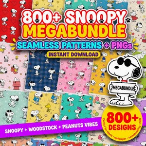 Peut inclure: Image colorée présentant un méga-pack Snoopy avec plus de 800 motifs. Le design comprend des motifs sans couture et des PNG, avec Snoopy et Woodstock. Le texte indique "Téléchargement instantané" et "Parfait pour tissu, papier peint, scrapbooking, POD".