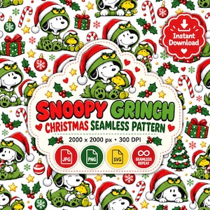 May include: A seamless pattern featuring Snoopy and Woodstock dressed in green Grinch-style costumes with Santa hats. The design includes candy canes, Christmas trees, holly, and presents. Text reads SNOOPY GRINCH CHRISTMAS SEAMLESS PATTERN.