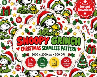 Snoopy Grinch | Christmas Seamless Pattern | Woodstock Peanuts | Holiday Fabric | Digital Paper
