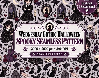 Wednesday Addams | Morticia | 1990s Family Movie | Netflix Gothic Seamless Pattern | Fabric Digital Paper
