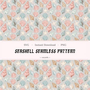 Puede incluir: Un patrón sin costuras con conchas marinas y estrellas de mar en tonos rosa, azul y beige sobre un fondo gris. El texto "SEASHELL SEAMLESS PATTERN" se muestra en negrita, en negro.
