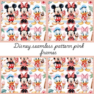 Puede incluir: Patrón repetitivo con Mickey, Minnie, Donald y Daisy, cada uno sosteniendo un helado. Los personajes están sobre un fondo a rayas con el texto "Disney seamless pattern pink frames".