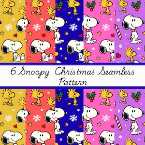 May include: Six Snoopy Christmas seamless patterns in various colours. Each pattern features Snoopy, Woodstock, snowflakes, stars, and holly. The patterns are set against yellow, red, blue, pink, and purple backgrounds. The text "6 Snoopy Christmas Seamless Pattern" is displayed.