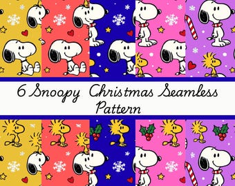 May include: Six Snoopy Christmas seamless patterns in a variety of colors. Each pattern features Snoopy, Woodstock, snowflakes, stars, and holly. The patterns are set against backgrounds of yellow, red, blue, pink, and purple. The text "6 Snoopy Christmas Seamless Pattern" is displayed.