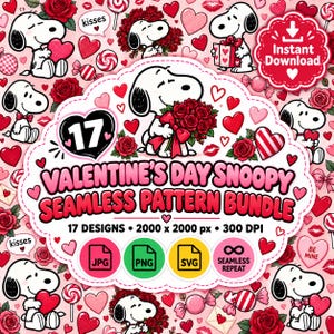 Snoopy Valentine PNG Bundle | 17 Seamless Patterns | Peanuts Love PNG | Retro Valentines Day